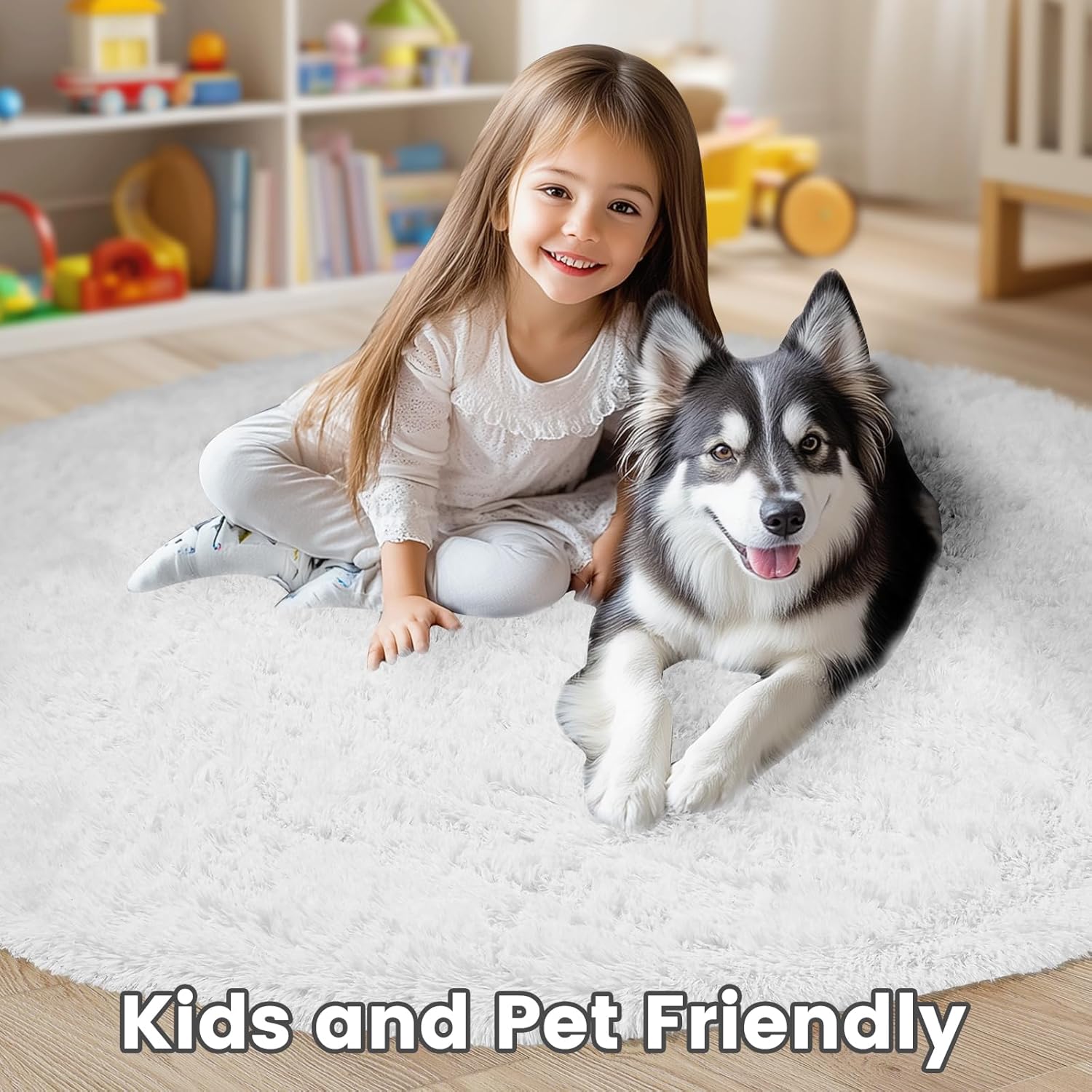 White Round Rug for Bedroom, 4x4 Fluffy Circle Area Rugs for Kids Room, Soft Shaggy Circular Carpet for Nursery Living Room, Non-Slip Home Decor Rug for Teen's Room