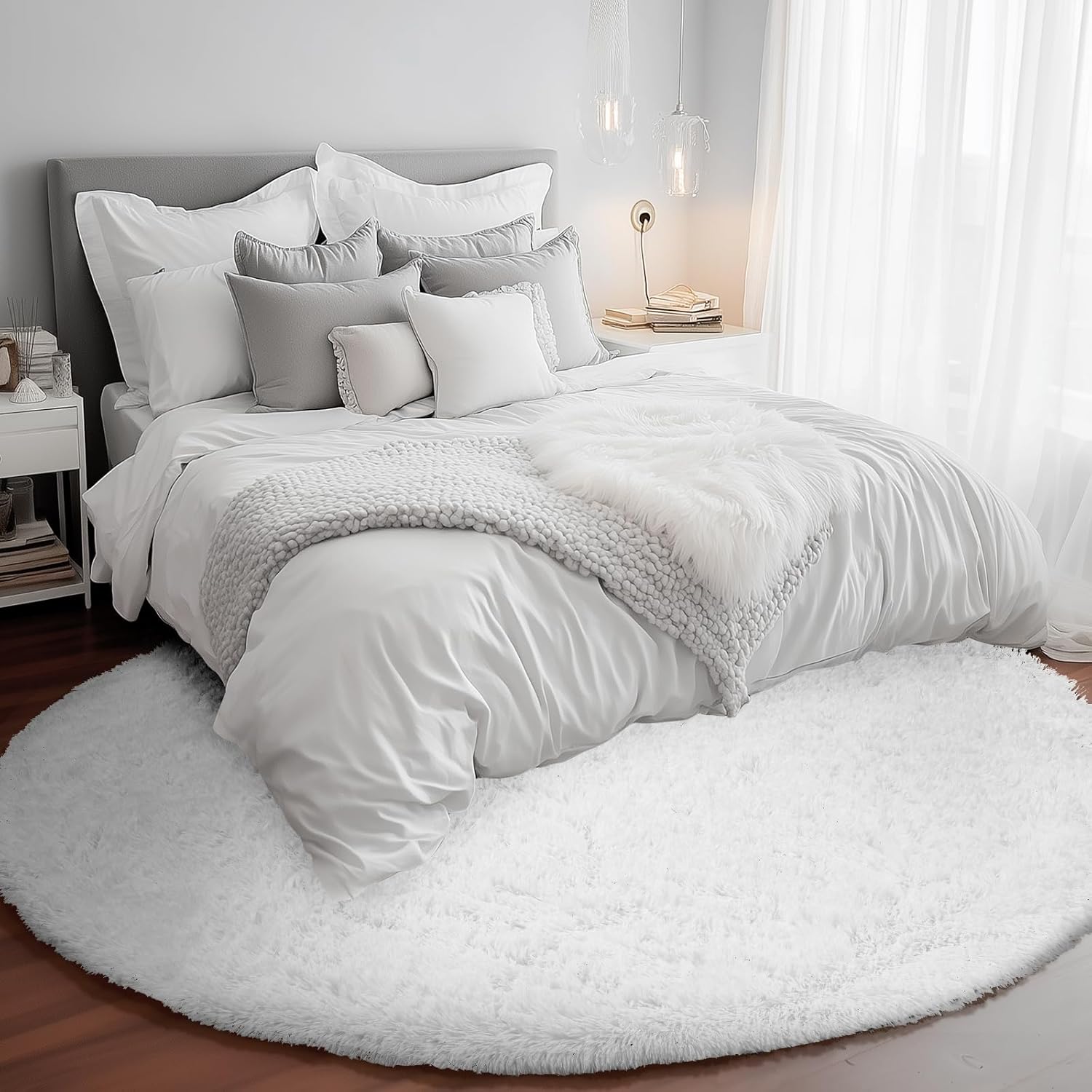 White Round Rug for Bedroom, 4x4 Fluffy Circle Area Rugs for Kids Room, Soft Shaggy Circular Carpet for Nursery Living Room, Non-Slip Home Decor Rug for Teen's Room