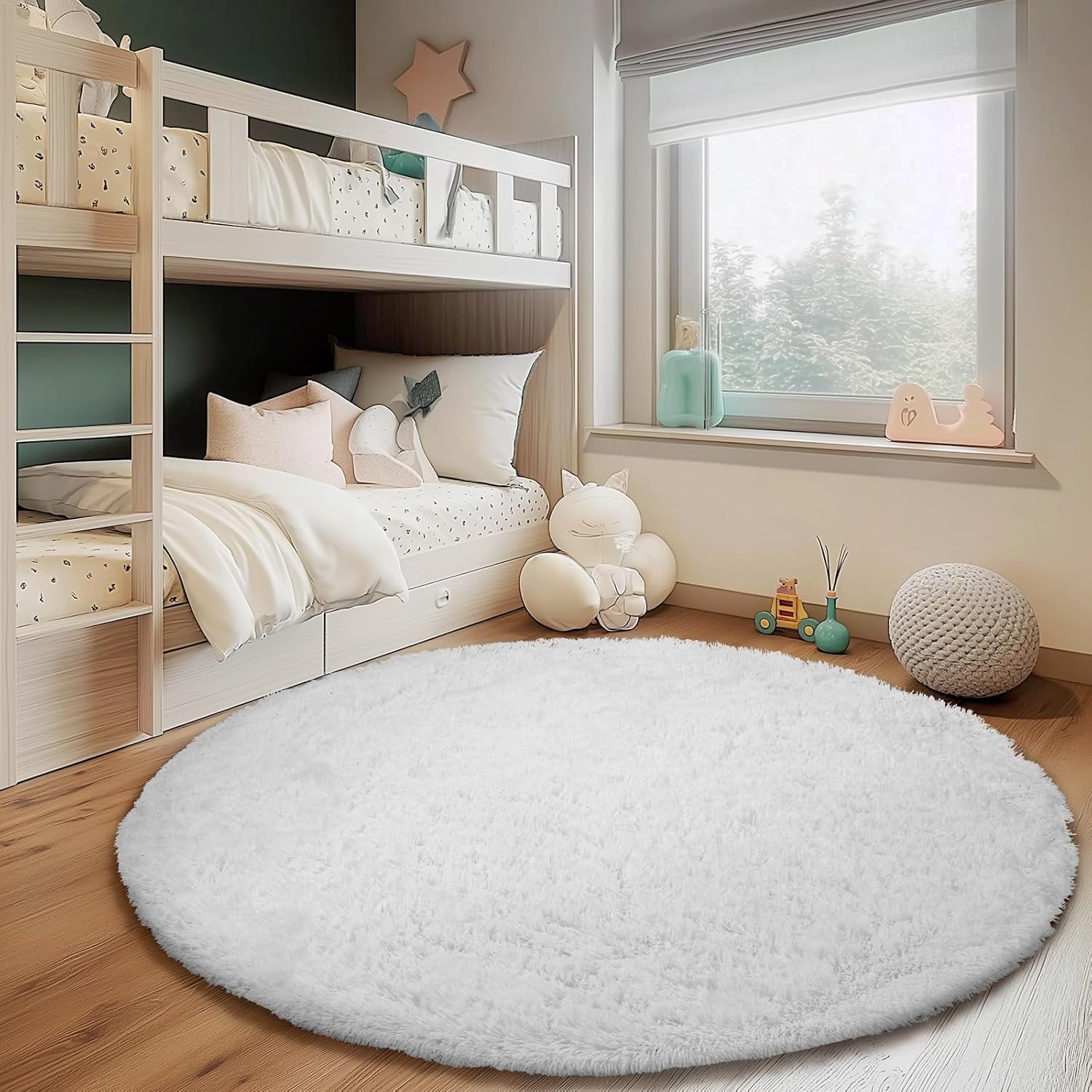 White Round Rug for Bedroom, 4x4 Fluffy Circle Area Rugs for Kids Room, Soft Shaggy Circular Carpet for Nursery Living Room, Non-Slip Home Decor Rug for Teen's Room