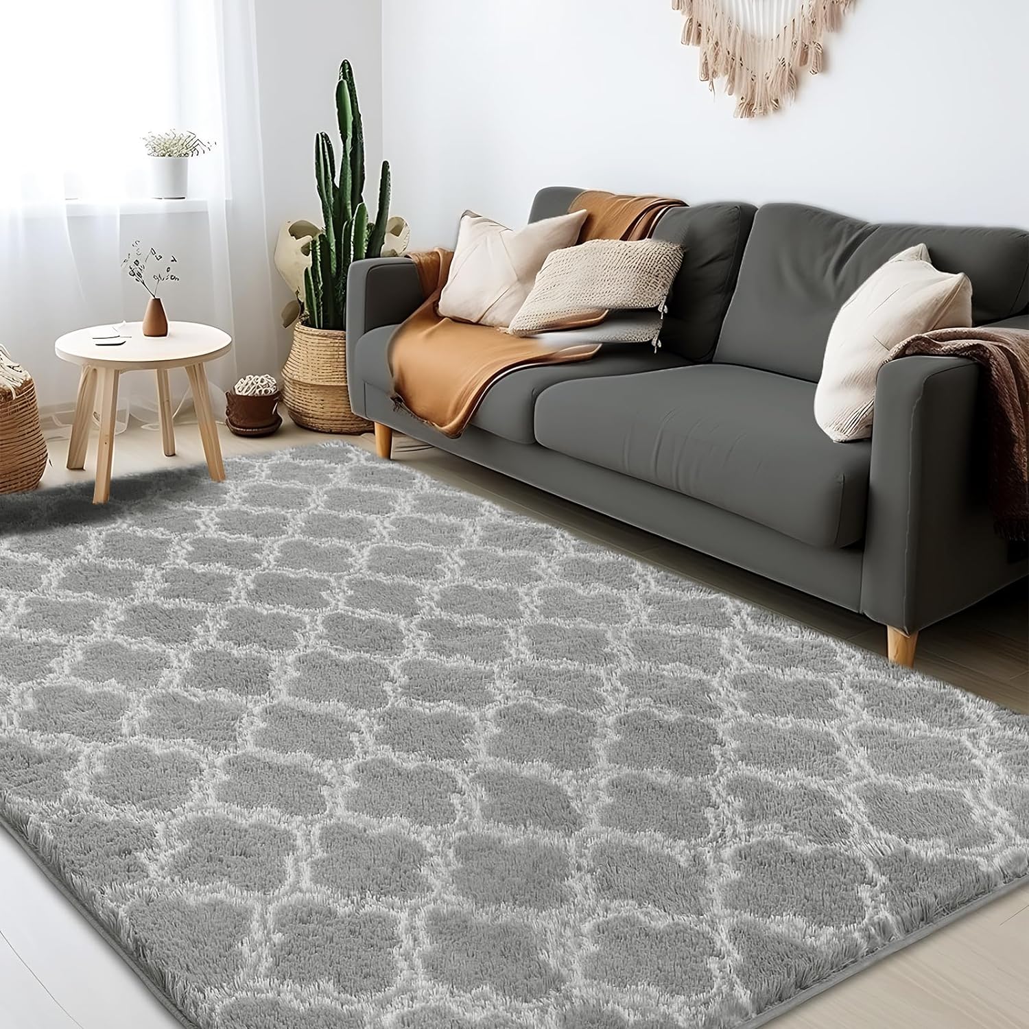 Plush Area Rug 4x6 Feet High Pile Rugs for Living Room, Ultra Soft Indoor Carpet for Bedroom, Kids Room, Playroom, Home Decor, Geometric, Light Grey/White