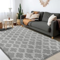 Plush Area Rug 4x6 Feet High Pile Rugs for Living Room, Ultra Soft Indoor Carpet for Bedroom, Kids Room, Playroom, Home Decor, Geometric, Light Grey/White