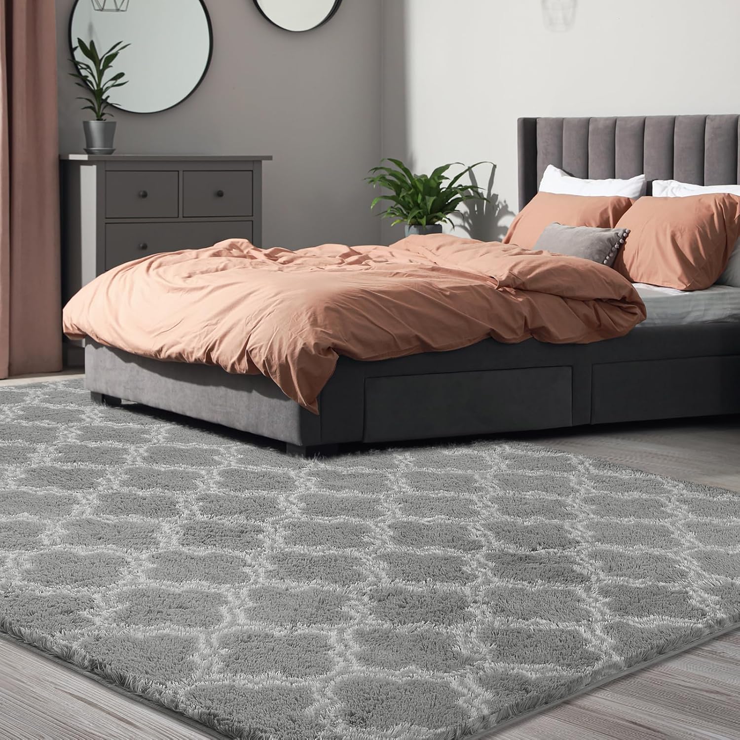 Plush Area Rug 4x6 Feet High Pile Rugs for Living Room, Ultra Soft Indoor Carpet for Bedroom, Kids Room, Playroom, Home Decor, Geometric, Light Grey/White