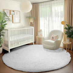 White Round Rug for Bedroom, 4x4 Fluffy Circle Area Rugs for Kids Room, Soft Shaggy Circular Carpet for Nursery Living Room, Non-Slip Home Decor Rug for Teen's Room