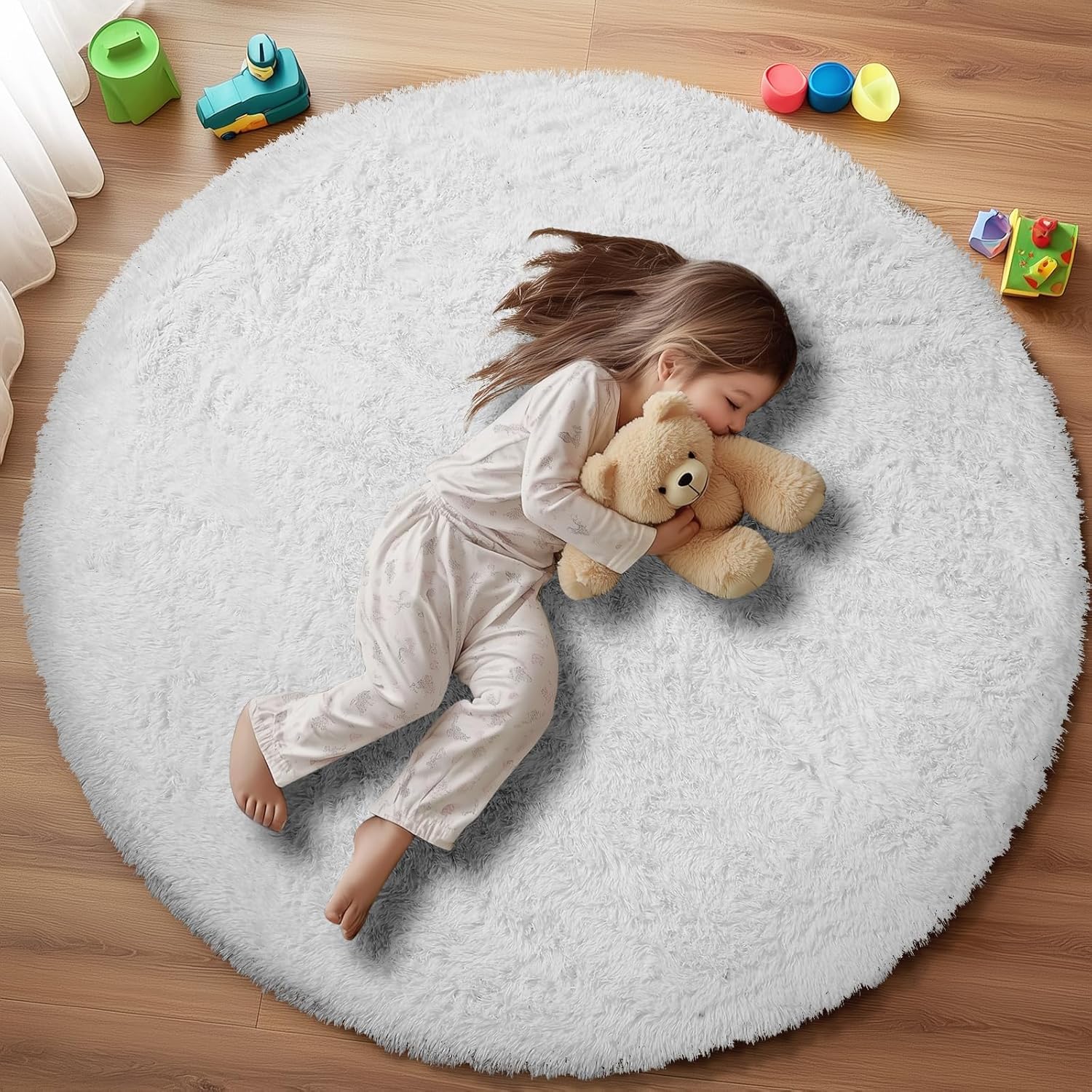 White Round Rug for Bedroom, 4x4 Fluffy Circle Area Rugs for Kids Room, Soft Shaggy Circular Carpet for Nursery Living Room, Non-Slip Home Decor Rug for Teen's Room