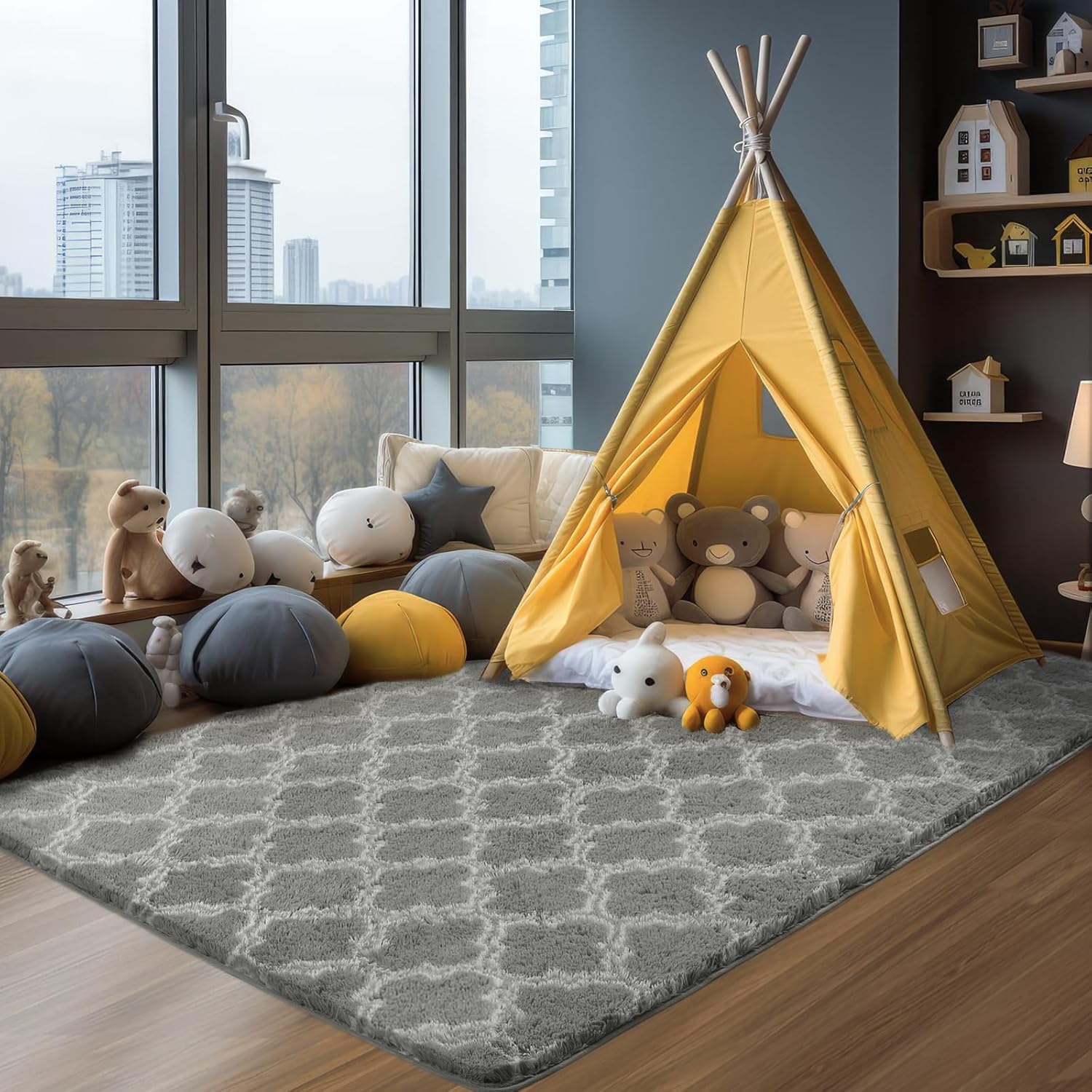 Plush Area Rug 4x6 Feet High Pile Rugs for Living Room, Ultra Soft Indoor Carpet for Bedroom, Kids Room, Playroom, Home Decor, Geometric, Light Grey/White